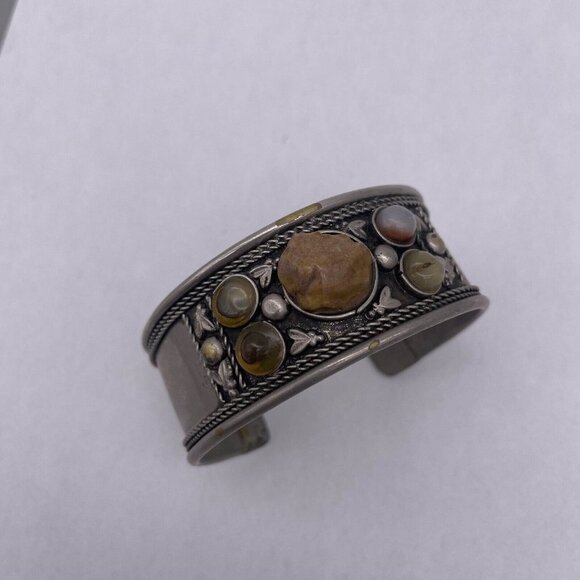 Gemstone Cabochons Wide Cuff Bracelet tribal ethnic Silver Tone Vintage - Picture 4 of 4